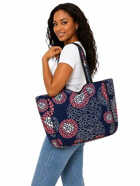 Women's Large Shoulder Bag Lightweight Tote Bag Navy Blue Abstract Print Boho